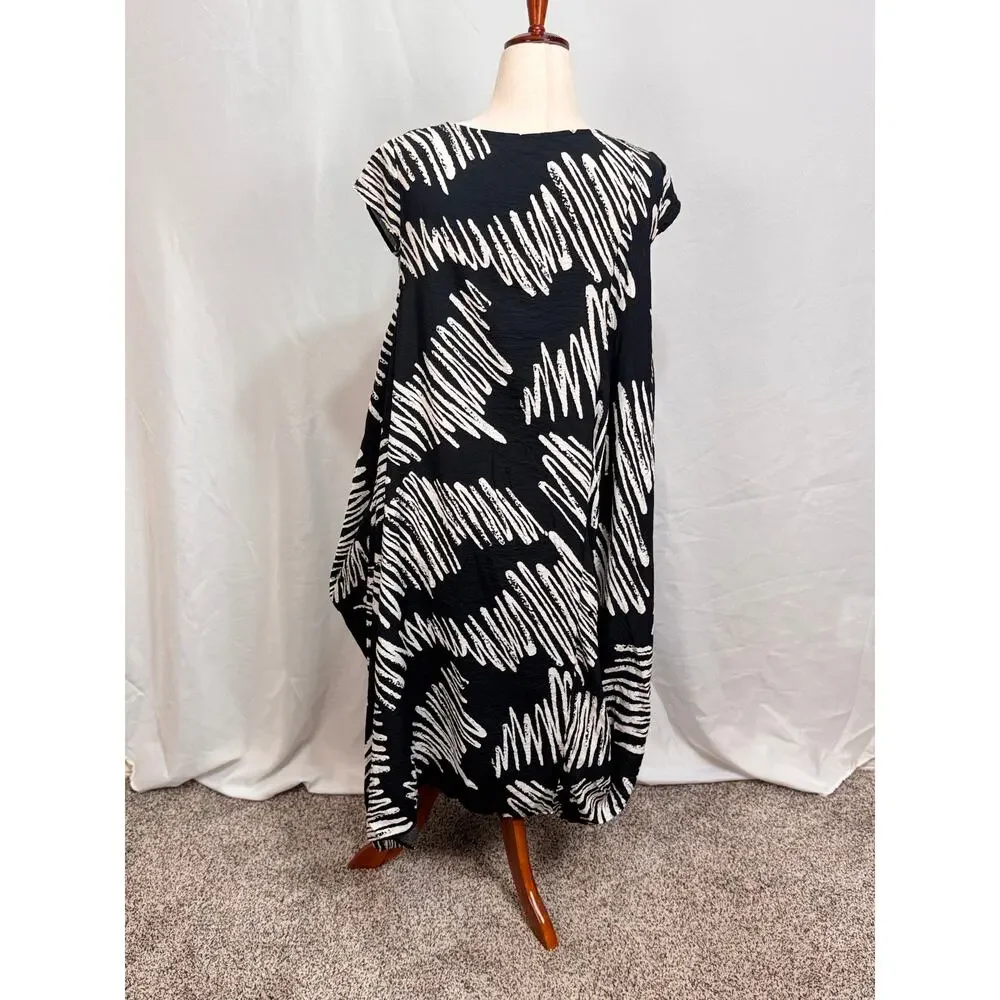 Patrizia Luca Milano balloon midi dress cap sleeve scoop neck black white L/XL - Picture 4 of 6